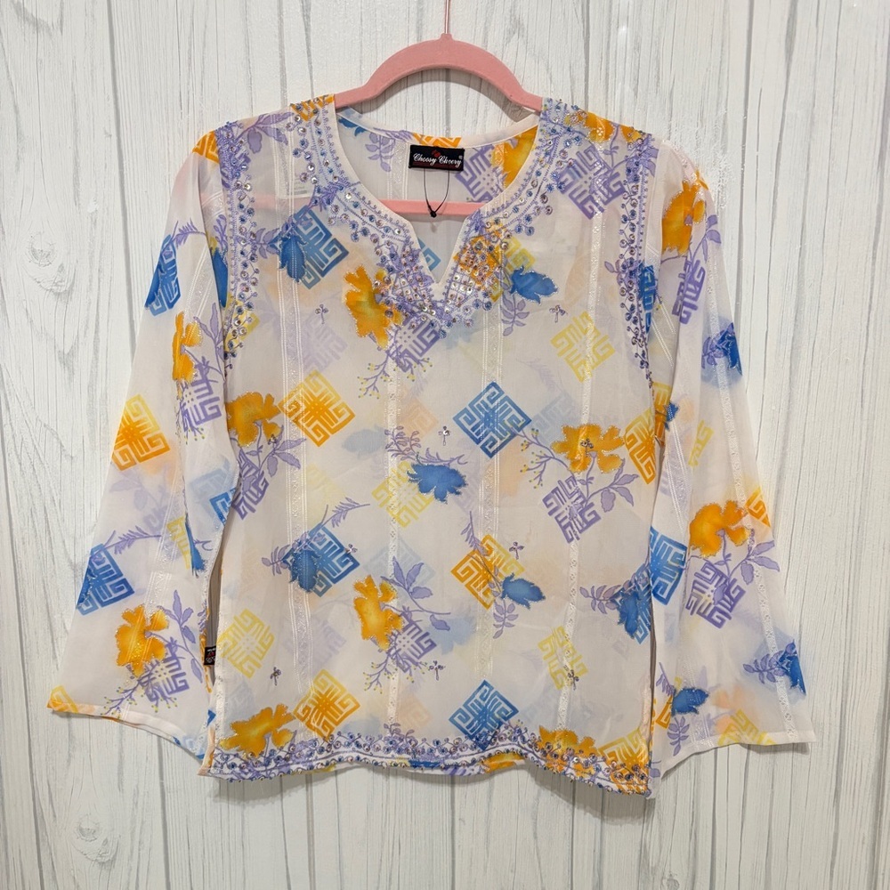 NWT CHOOSY CHEERY Boho Chiffon Flare Sleeve Embellished‎ Top, XS/S